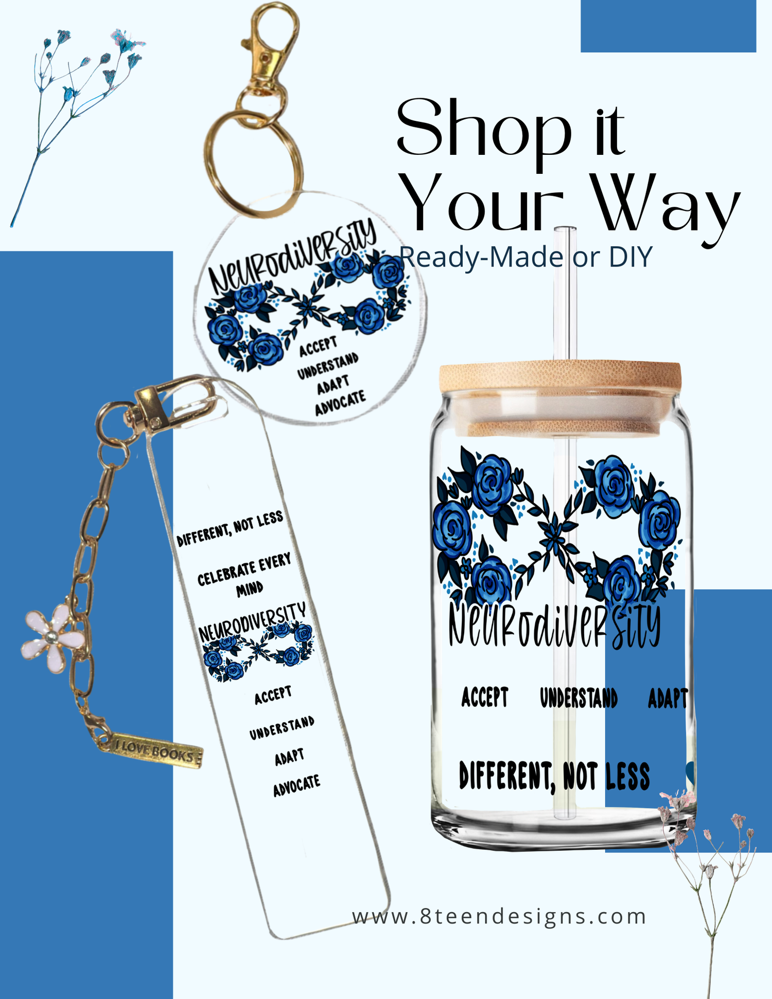🩵 Autism Awareness Collection | Ready-made Glass Can, Bookmark, Keychain