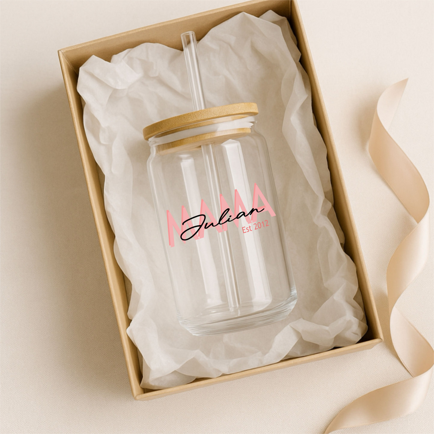 Glass Can Tumbler | Personalized Custom Name Cup with Bamboo Lid & Straw | Aesthetic Drink-ware Gift