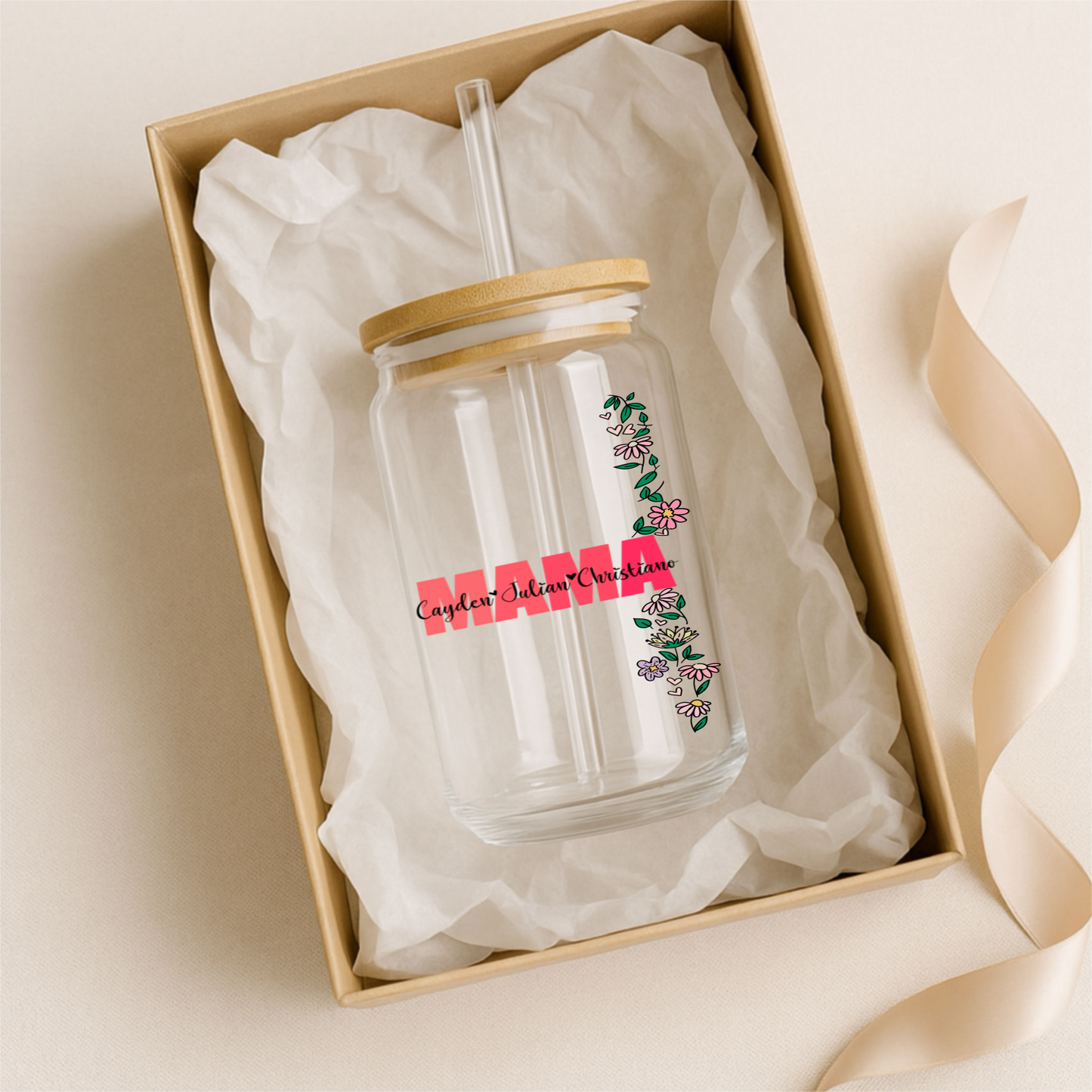 Glass Can Tumbler | Personalized Custom Name Cup with Bamboo Lid & Straw | Aesthetic Drink-ware Gift