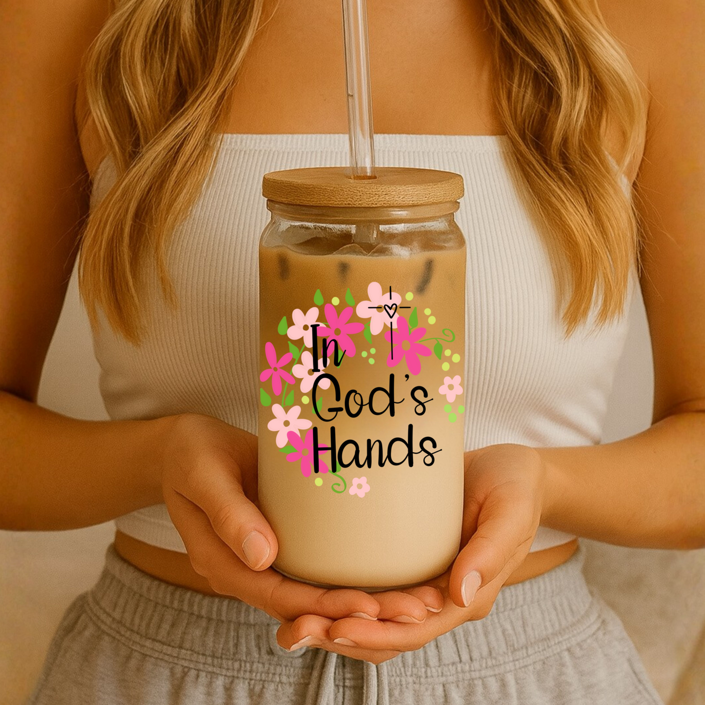 In God’s Hands Glass Tumbler | 16oz Glass Can