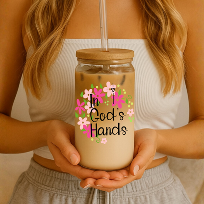 In God’s Hands Glass Tumbler | 16oz Glass Can