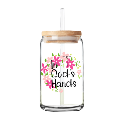 In God’s Hands Glass Tumbler | 16oz Glass Can