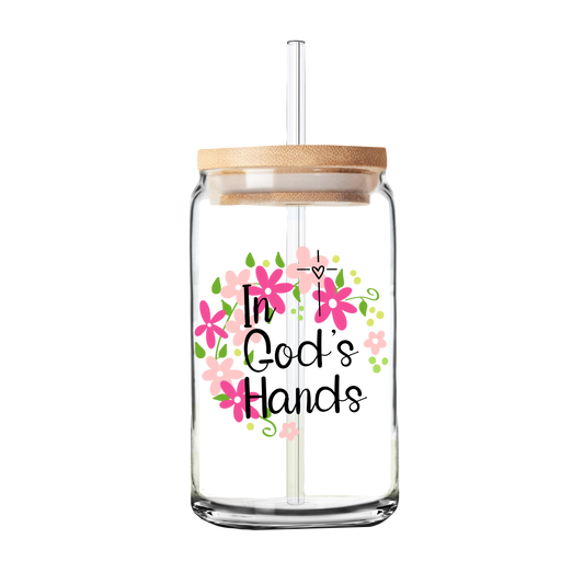 In God’s Hands Glass Tumbler | 16oz Glass Can