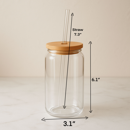 Glass Can Tumbler | Personalized Custom Name Cup with Bamboo Lid & Straw | Aesthetic Drink-ware Gift