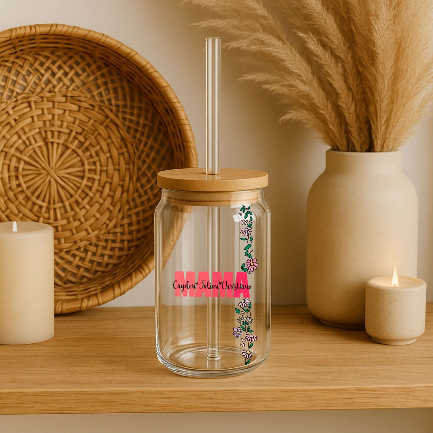 Glass Can Tumbler | Personalized Custom Name Cup with Bamboo Lid & Straw | Aesthetic Drink-ware Gift