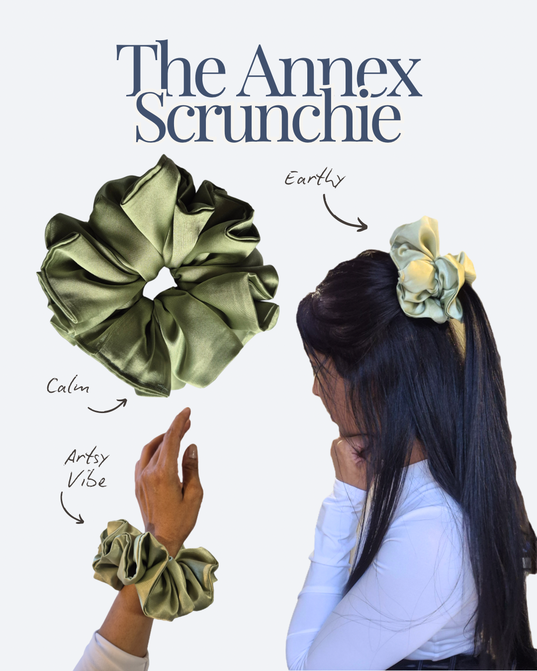Luxe The Annex Scrunchie | Sage Green Satin Scrunchie | Soft Neutral Hair Accessory