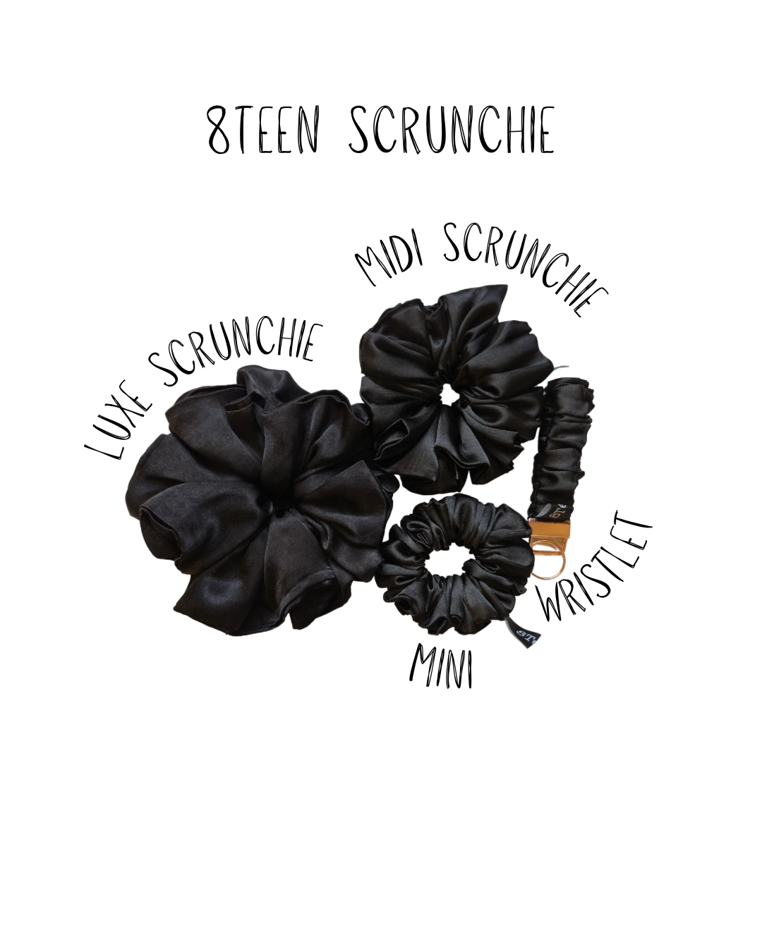 MINI Queen Street Scrunchie | Black Satin Scrunchie | Classic Mini Hair Accessory